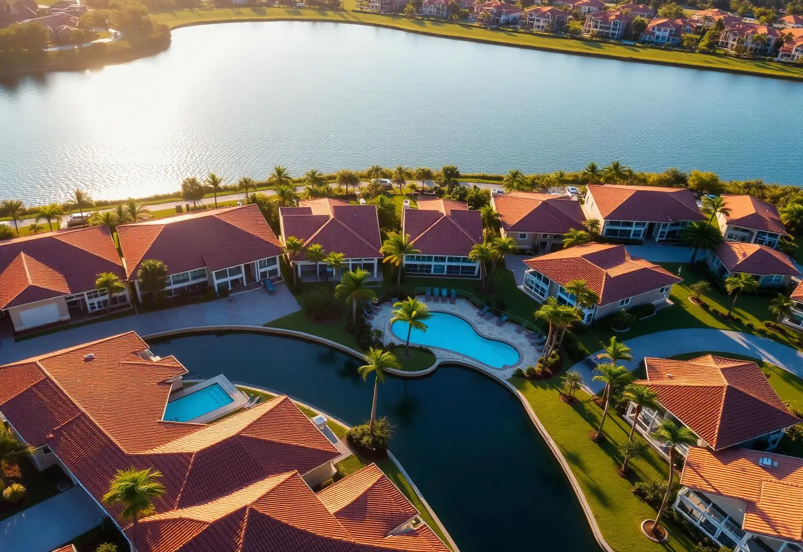 Aerial view of a sunlit residential community